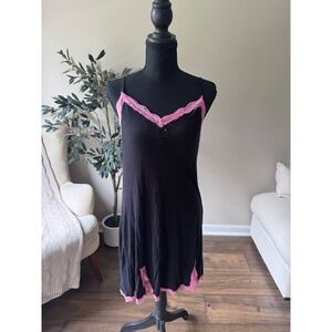 Kensie Black Pink Lace Trim Chemise Nightgown Sleepwear Slip Dress Large